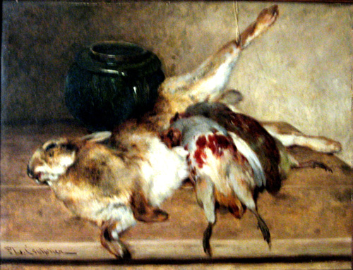Un lièvre et deux perdrix posés sur une table par Philibert Léon Couturier